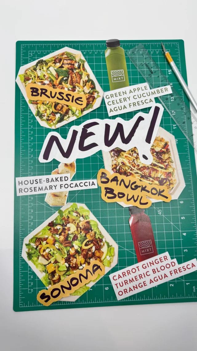 Today’s agenda: NEW MENU LAUNCH
• the Sonoma feat. roasted butternut squash & caramelized fennel
• the Brussie feat. Shaved roasted brussels sprouts & parmesan peppercorn dressing 
• the Bangkok Bowl feat. coconut curry eggplant & marinated organic tofu
• carrot ginger turmeric blood orange agua fresca 
• cucumber celery green apple agua fresca 
• house-baked rosemary focaccia free with every salad + warm bowl