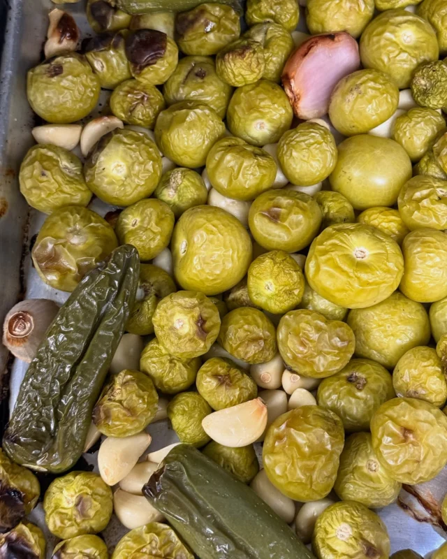 Swipe to mix our Roasted Poblano Dressing —>We roast whole poblano peppers, jalapeños, tomatillos, and garlic in-house, then blend them to create our signature dressing and the star of the Puebla Salad.