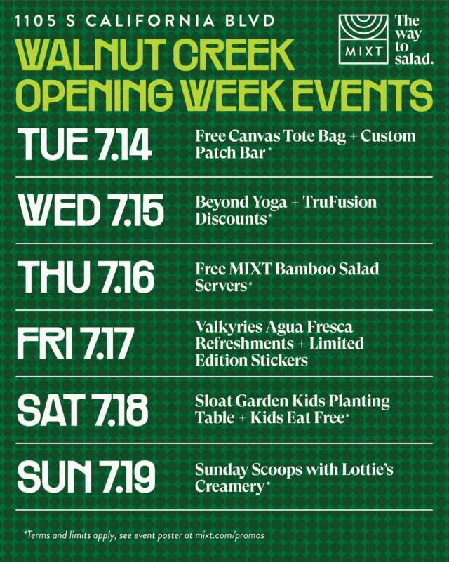 It’s official — MIXT Walnut Creek is opening July 14th.We’re celebrating with a week of community events, daily freebies, and collaborations with neighboring businesses. Swipe through to see the lineup of events. See you there💚